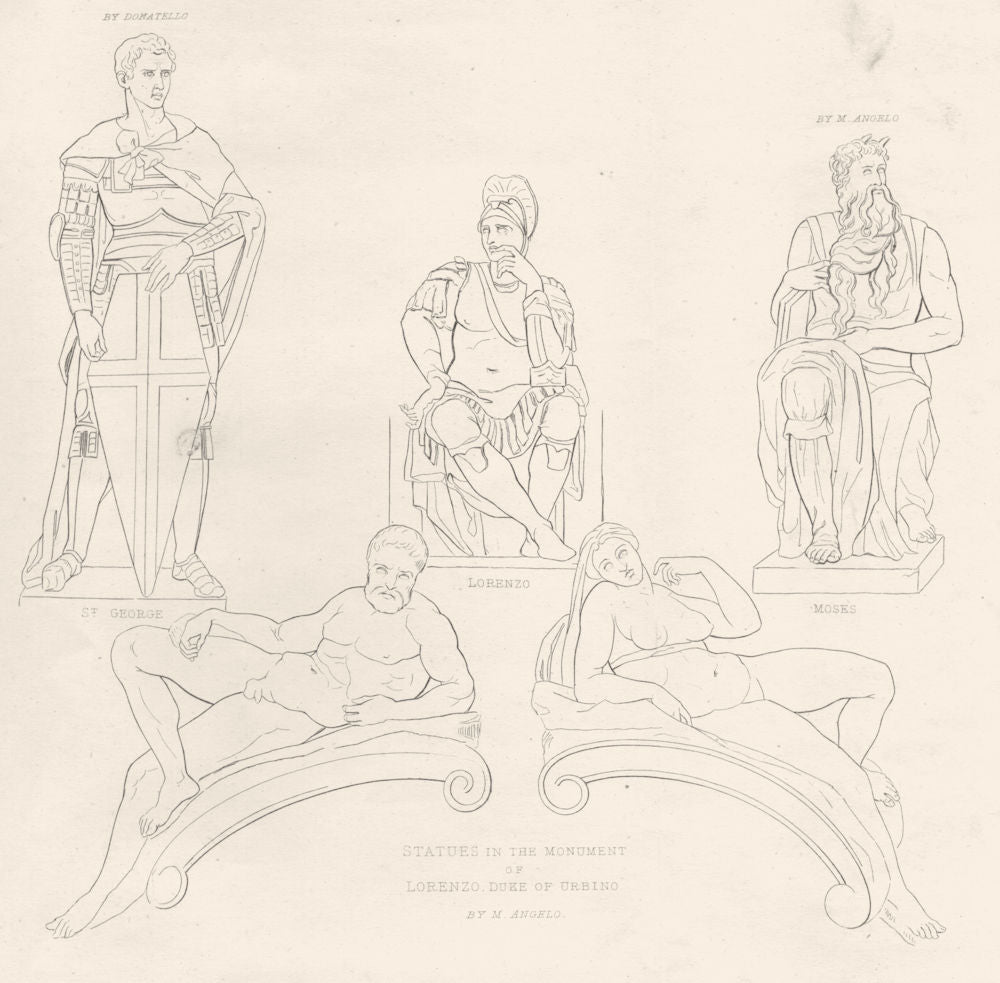 SCULPTURE ITALIAN. St. George; Lorenzo; Moses; Statues, Duke Urbino 1880 print